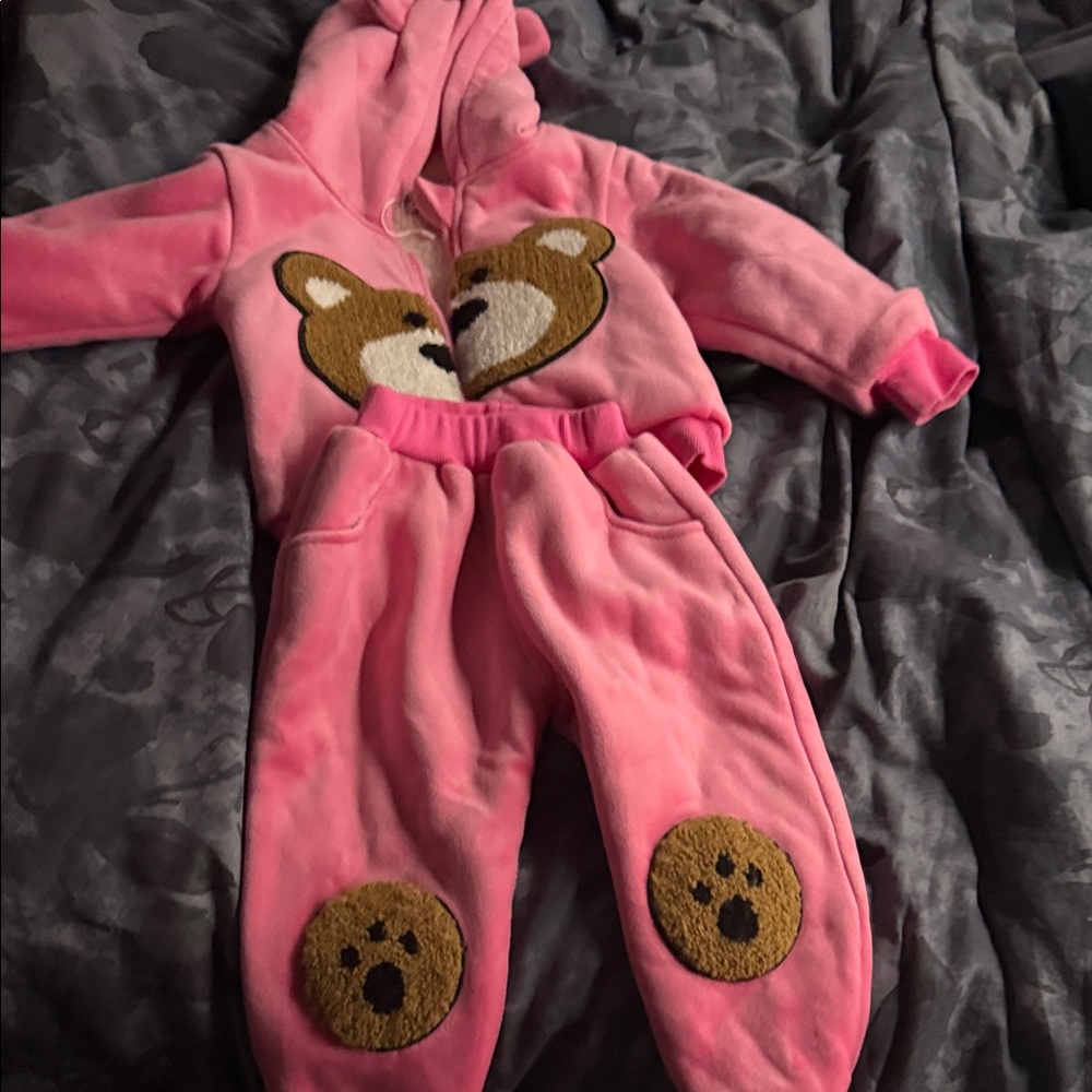 Lola + The Boys Pink Sherpa Lined Hoodie and Jogger Set with Bear Appliqués